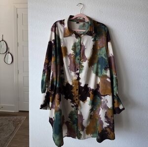 Shein Curve Multicolor Abstract Button-Up Long Sleeve Dress